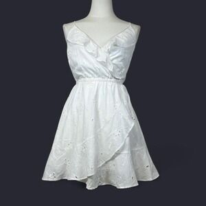 Express Womens White Floral Eyelet Wrap Front Mini Dress XS Cottage Soft Girl